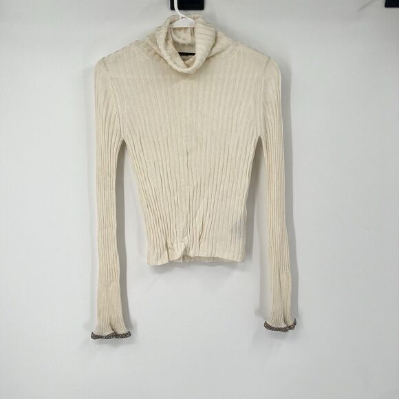 Alexander Wang XS LS Ribbed Turtleneck Blouse Italian Crystal Embellished Classy - Picture 1 of 15